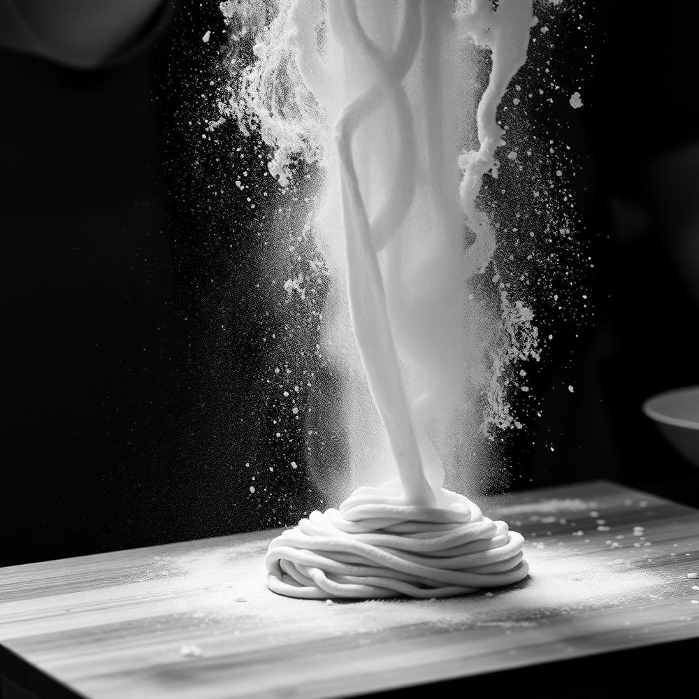 Flour dust suspended in air as a chef stretches noodle dough